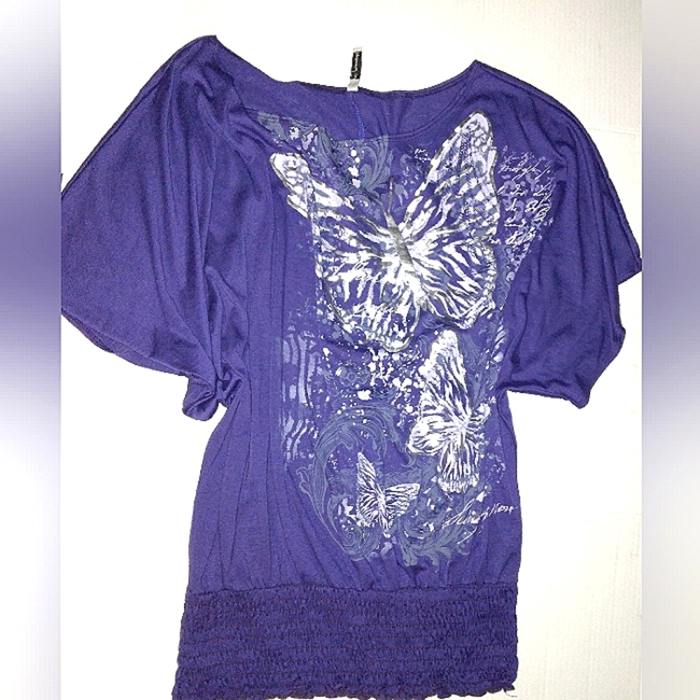 ☆NWT☆Gorgeous Plus Size Mi Manchi Royal Purple Silver Metallic Butterfly Blouse☆